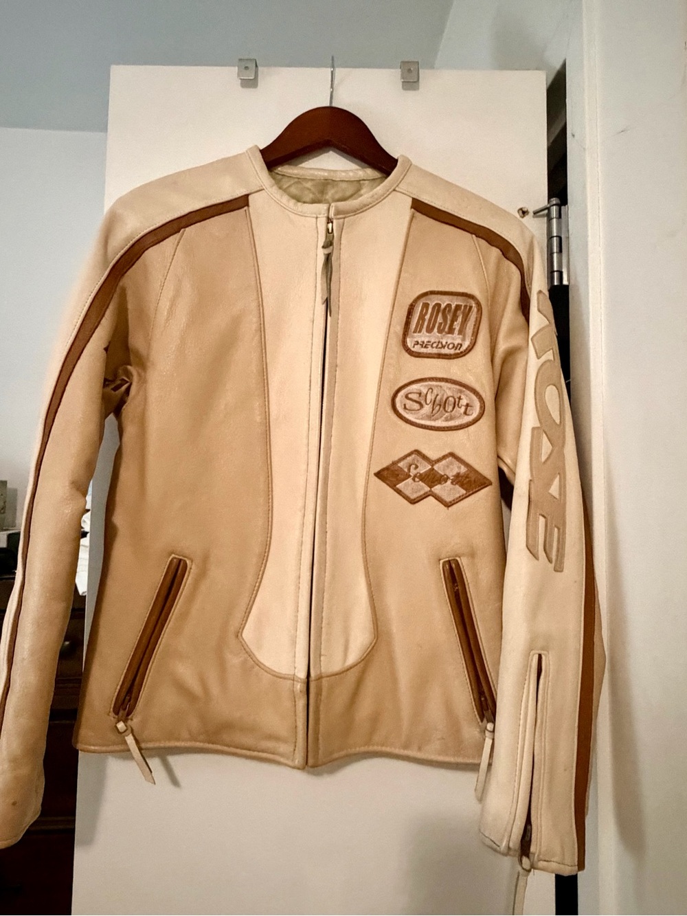 Schott NYC Taupe & Cream Leather Bomber Jacket with Appliqué Logos